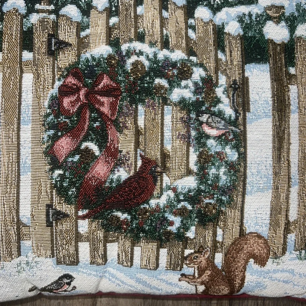 2 Tapestry Christmas Throw Pillows Snowman And Winter Scene